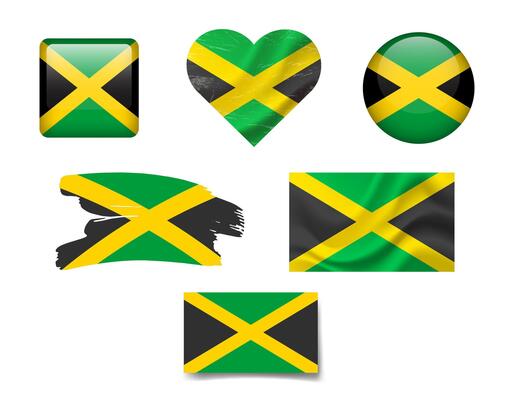 Jamaica flag set of icons. flag of Jamaica, symbol. Set of Jamaica flags button, brush, waved, heart.