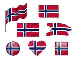 Norway flag set of icons. flag of Norway, symbol. Set of Norwegian flags brush, button, waved, heart. vector