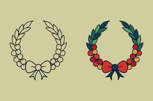 Christmas Wreath Design with Bow and Berries for Coloring Book vector