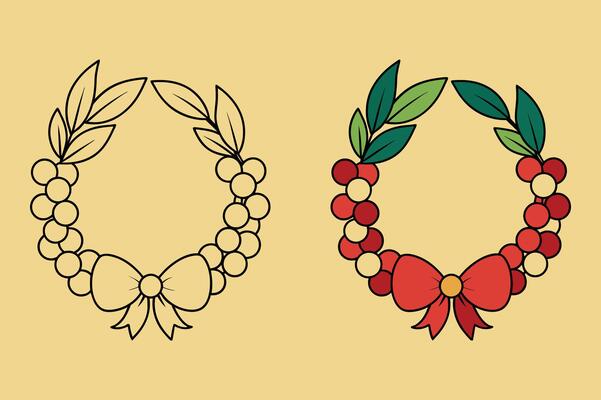 Christmas Wreath with Berries and Bow for Coloring Page