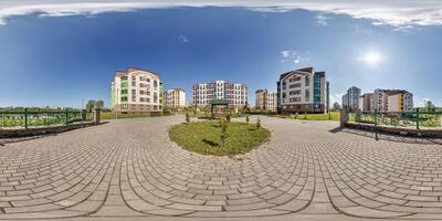 360 hdri panorama in middle of modern multi-storey multi-apartment residential complex of urban development in equirectangular seamless spherical projection, AR VR content photo