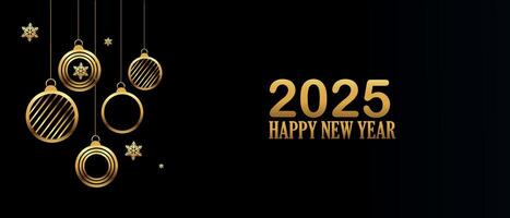 Minimalist 2025 New Year greeting card with hanging gold ornaments and snowflakes on dark black background vector