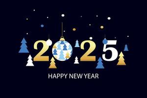 Elegant 2025 New Year greeting card design with gold and white numbers, abstract trees, and festive ornaments on dark background vector