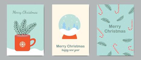 Collection of Christmas and New Year greeting cards with festive elements like mug, snow globe, and candy canes vector