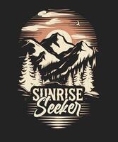 Fully editable Sunrise Seeker Adventure T-Shirt Design in EPS 10 format, perfect for T Shirts, mugs, bags, and more. It has a high 4500x5400 px and is customizable for personal and commercial use. vector