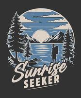 Fully editable Sunrise Seeker Most Adventure T-Shirt in EPS 10 format, perfect for T Shirts, mugs, bags, and more. It has a high 4500x5400 px and is customizable for personal and commercial use. vector