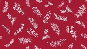 Branches pattern on red, hand drawn, . vector