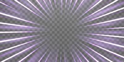 Radial speed rays, light neon flow, zoom in motion effect, purple glow speed lines, colorful light trails, perspective stripes. vector