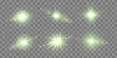 Green lens flares set. Sun flash with rays spotlight and bokeh. Green glow flare light effect. vector