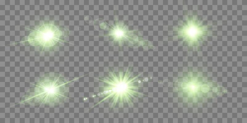 Green lens flares set. Sun flash with rays spotlight and bokeh. Green glow flare light effect.