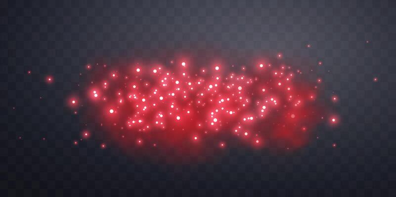 Red magic sparks and dust stars. Red glow flare light effect. Christmas light effect.