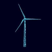 Wind Generation Turbine. Renewable alternative energy concept with glowing low poly windmill on dark blue background. Wireframe low poly design. Abstract futuristic vector