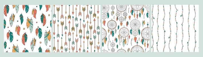 Nursery seamless patterns collection with doodles of feathers, arrows, dream catchers, beads, etc. Good for textile prints, wallpaper, stationery, wrapping paper, etc. EPS 10 vector