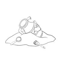 Archaeological find illustration in linear drawing style. Hand drawn drawing sketch of discovery from adventure or camping on isolated background. Broken antique jug, magnifying glass, brush. vector