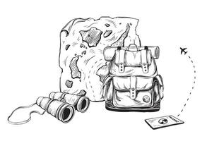 Backpack and binocular illustration in linear drawing style. Hand drawn drawing sketch of travel bag map and passport for adventure or camping on isolated background. For tourism trip or hiking vector