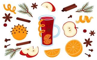 Mulled wine set of elements. Christmas punch in various cups and glasses. Hot red wine with fruit and spice collection. vector
