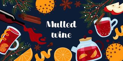 Mulled wine banner template. Christmas punch in various cups and glasses. Hot red wine with fruit and spice collection. vector