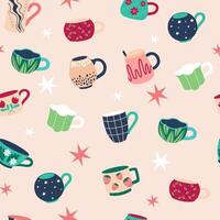 Cups seamless pattern on pink background. Cute mug and cup different shapes and ornaments. Modern flat cartoon style. vector