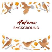 Forest birds frame. Autumn background. Set of birds and autumn leaves. Cute greeting card white background. vector