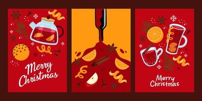 Stock christmas card set. Mulled wine, orange, spices, bottle of wine on red background. vector