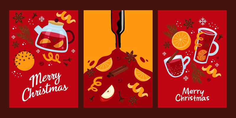 Stock christmas card set. Mulled wine, orange, spices, bottle of wine on red background.