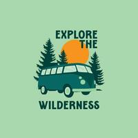 illustration of a van exploring the wilderness in forest vector