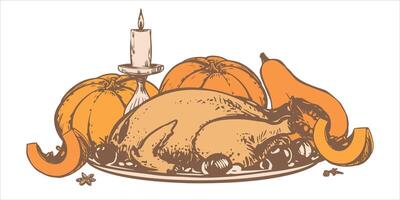 Hand drawn roasted turkey on a plate with vegetables and orange pumpkins. sketch in engraving style. Baked chicken with vegetables on a plate for a Thanksgiving party. Line art ink drawing. vector
