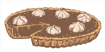 Autumn pumpkin pie with whipped cream. Traditional baking for Thanksgiving and Halloween. illustration in hand-drawn sketch style. Line art in ink. vector