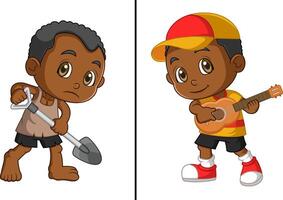 World Day Against Child Labor Concept With Child. Kids working on one side and on another side kids playing guitar vector