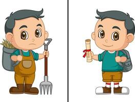 World Day Against Child Labor Concept With Child. Kids working on one side and on another side schoolboy holding diploma certificate vector