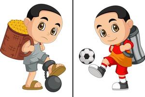 World Day Against Child Labor Concept With Child. Kids working on one side and on another side kids going to playing soccer vector