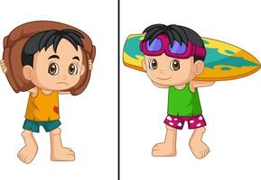 World Day Against Child Labor Concept With Child. Kids working on one side and on another side kids holding surfboard vector