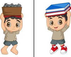 World Day Against Child Labor Concept With Child. Kids working on one side and on another side kids holding books vector