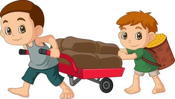 World Day Against Child Labor Concept With Child. two kids working and cart with sack vector
