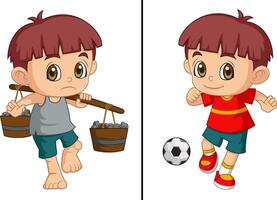 World Day Against Child Labor Concept With Child. Kids working on one side and on another side kids going to playing football vector