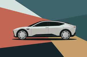 A gray car is shown in a colorful background. The car is a futuristic design with a sleek and modern look. The colors of the background create a sense of depth and dimension vector