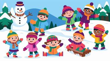 A group of children are playing in the snow, with one of them holding a snowman vector