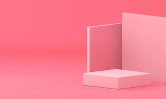 Pink squared 3d podium with wall background mockup for cosmetic show realistic illustration vector