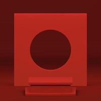 Red 3d squared podium with abstract geometric wall background for show realistic illustration vector