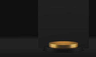 Luxury golden 3d cylinder podium with black wall background mockup for presentation realistic vector