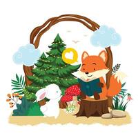 A fox and rabbit are reading a book in front of a tree vector