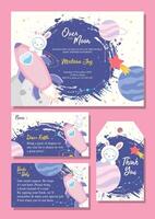 Set of baby shower invitation cards with a cute bunny astronaut and space elements vector