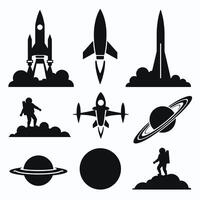 Set of black space-themed icons featuring rockets, astronauts, and planets. vector