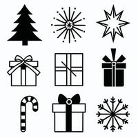 Black and white icons of Christmas elements including a tree, fireworks, stars, gift boxes, a candy cane, and snowflakes. vector