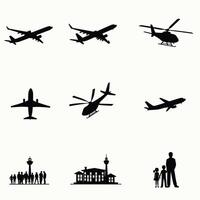 Silhouettes of various aircraft, family, and aviation-related structures set against a white background. vector
