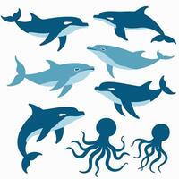 Illustration of dolphins and octopuses in a playful marine-themed design, featuring various shades of blue. vector