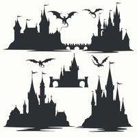 Silhouettes of medieval castles with dragons flying in the sky. vector