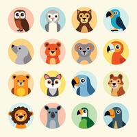 Colorful cartoon illustrations of various animals displayed in circular frames on a light background. vector