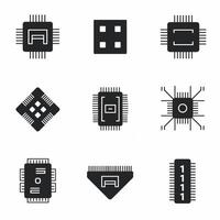 A collection of nine different microchip icons in black on a white background, representing various semiconductor designs. vector