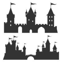 Silhouettes of medieval castles with towers and flags on a white background. vector